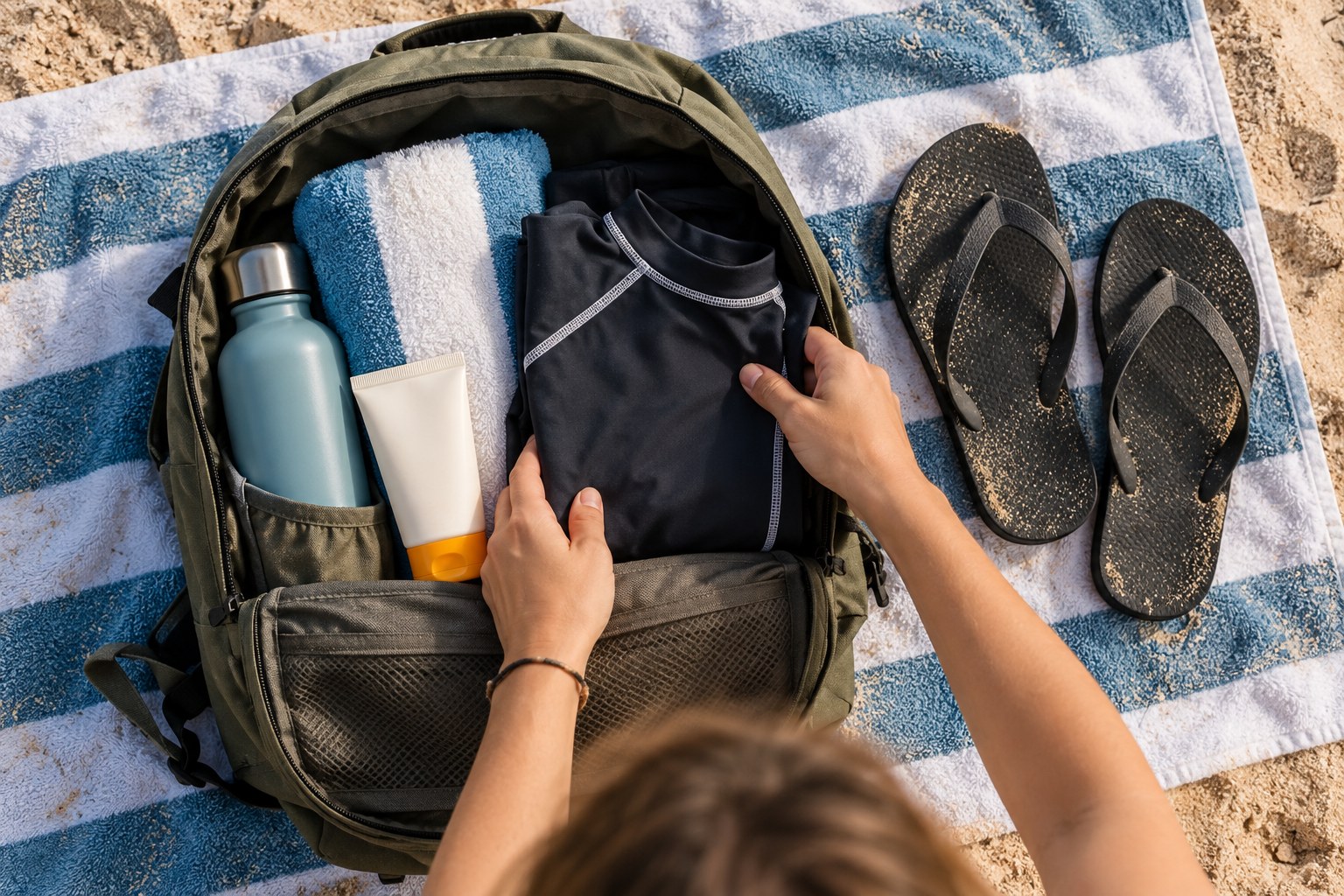 A compact beach lesson kit with towel, rash vest, water bottle and sandals fits inside a backpack.