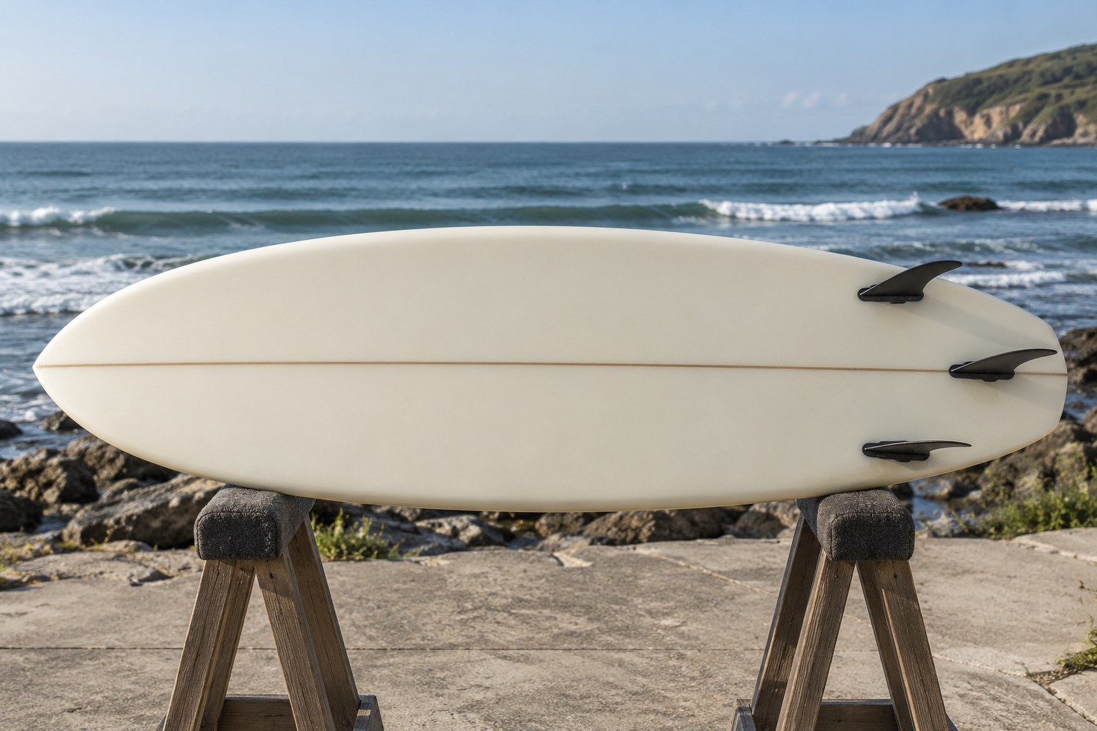 The underside of a cream surfboard shows its outline, rails and three fins.