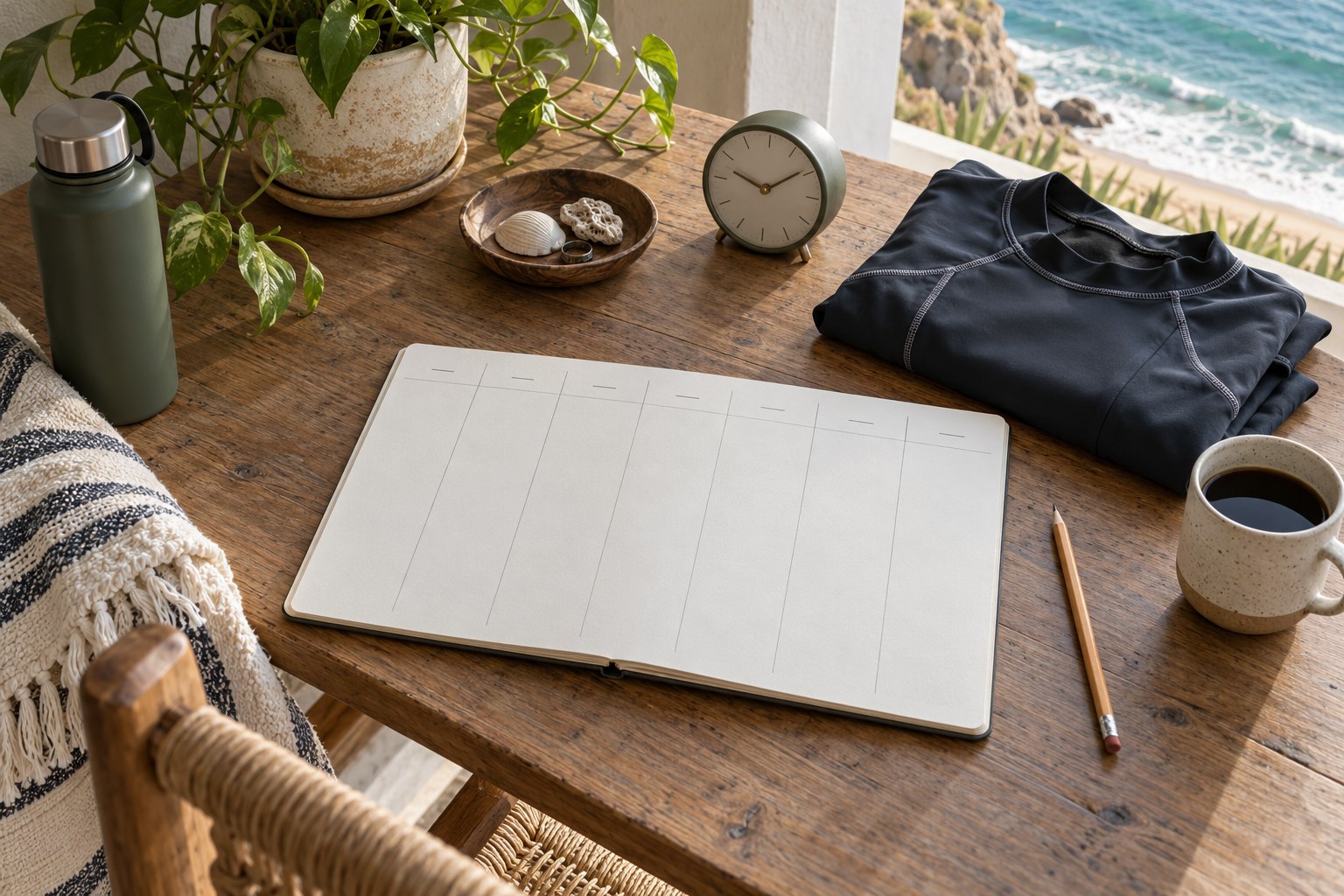 A weekly paper planner, pencil and clock lie beside a folded rash vest.