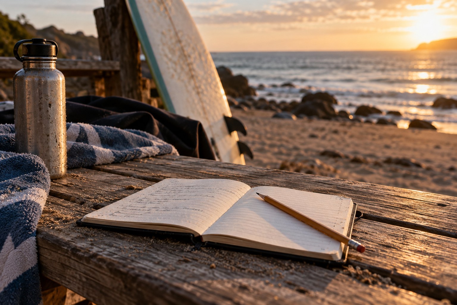 An open notebook and pencil sit on a seaside picnic table beside surfing equipment.