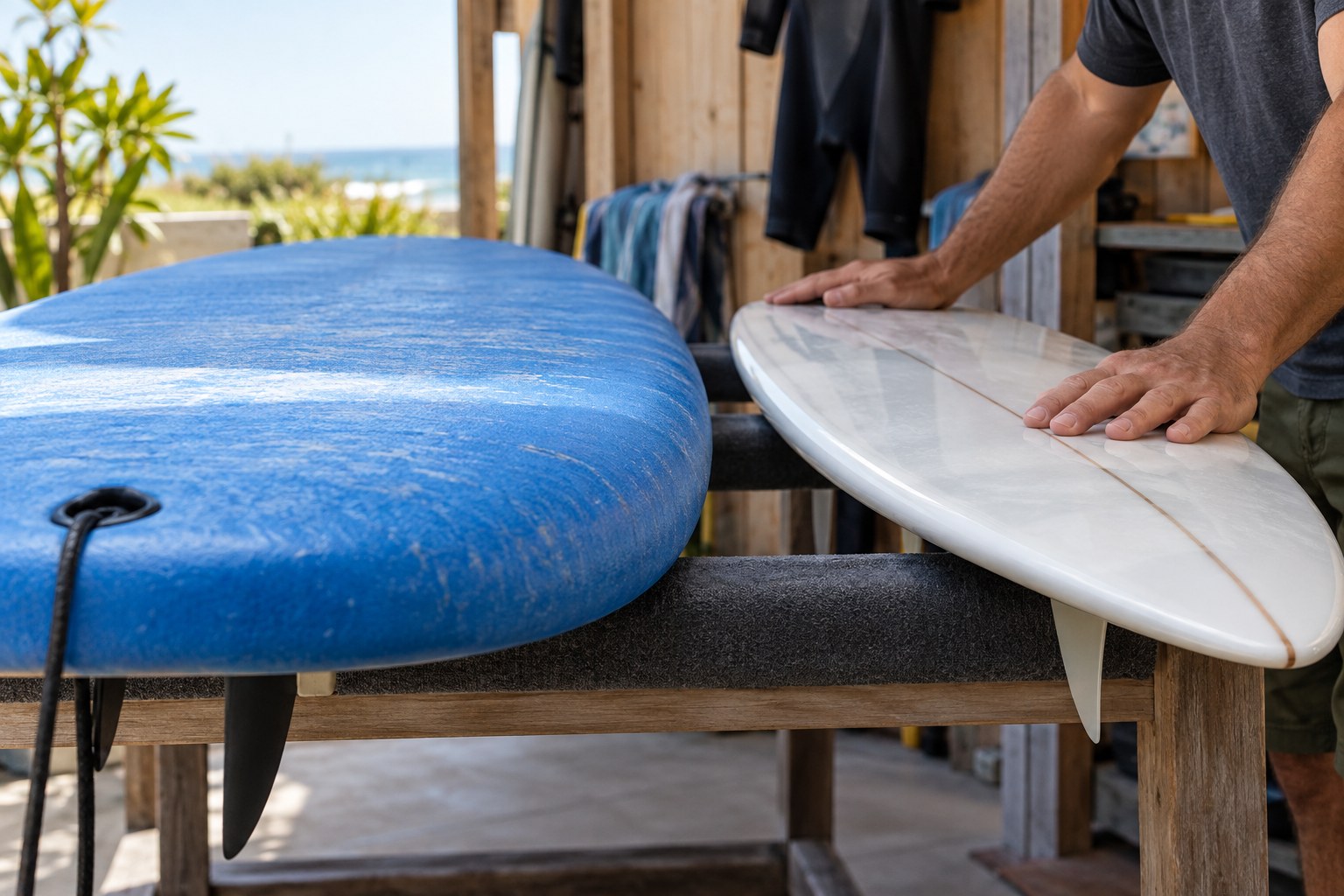 Thick blue soft-top and thinner white hard-board rails are compared on padded supports.
