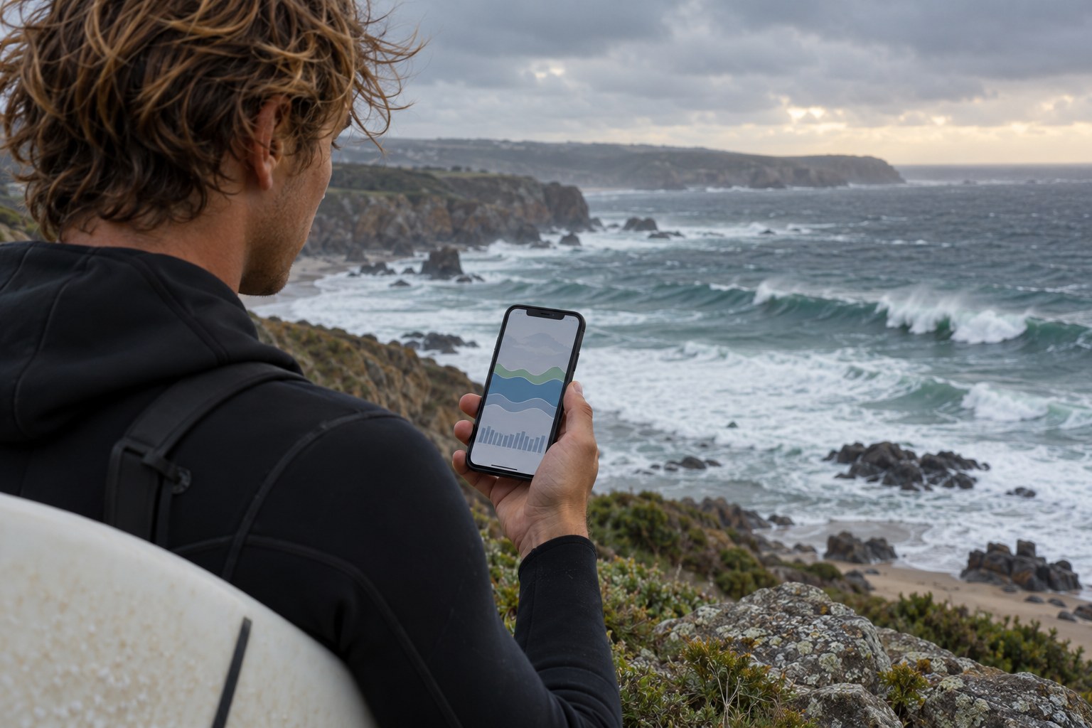 A person compares a phone forecast with choppy water viewed from the shore.