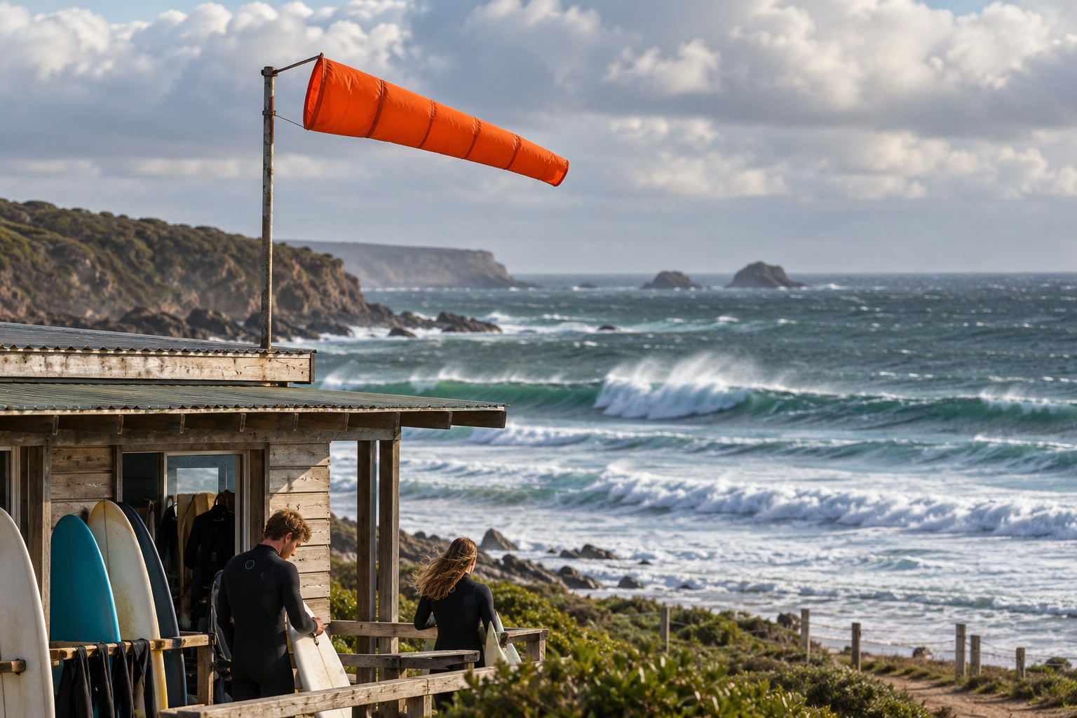 An orange windsock stretches above a coastal surf school.