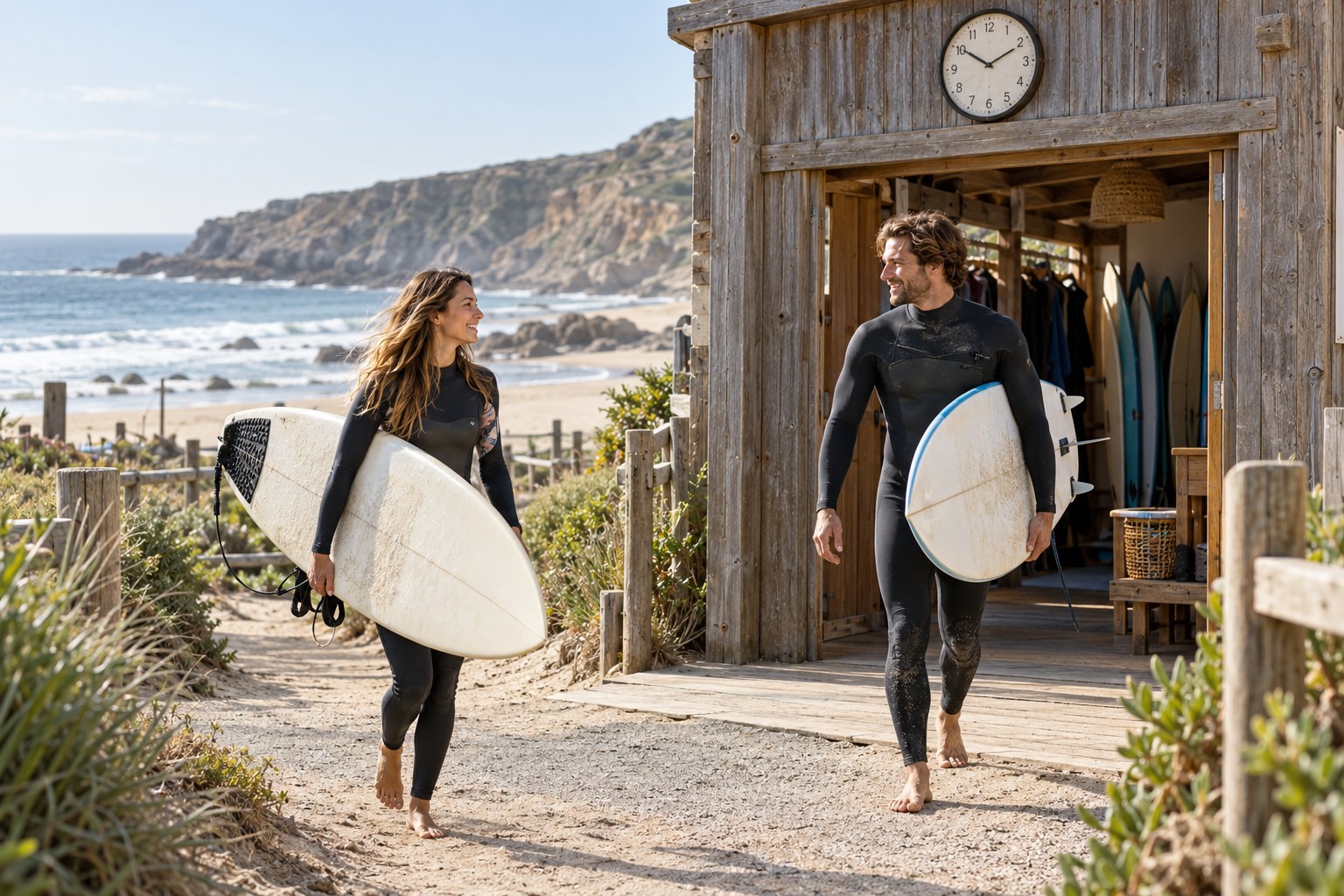 Two adults carrying boards meet outside a timber surf school entrance.