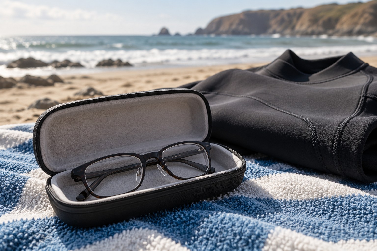 Prescription glasses rest in their protective case beside a folded wetsuit.