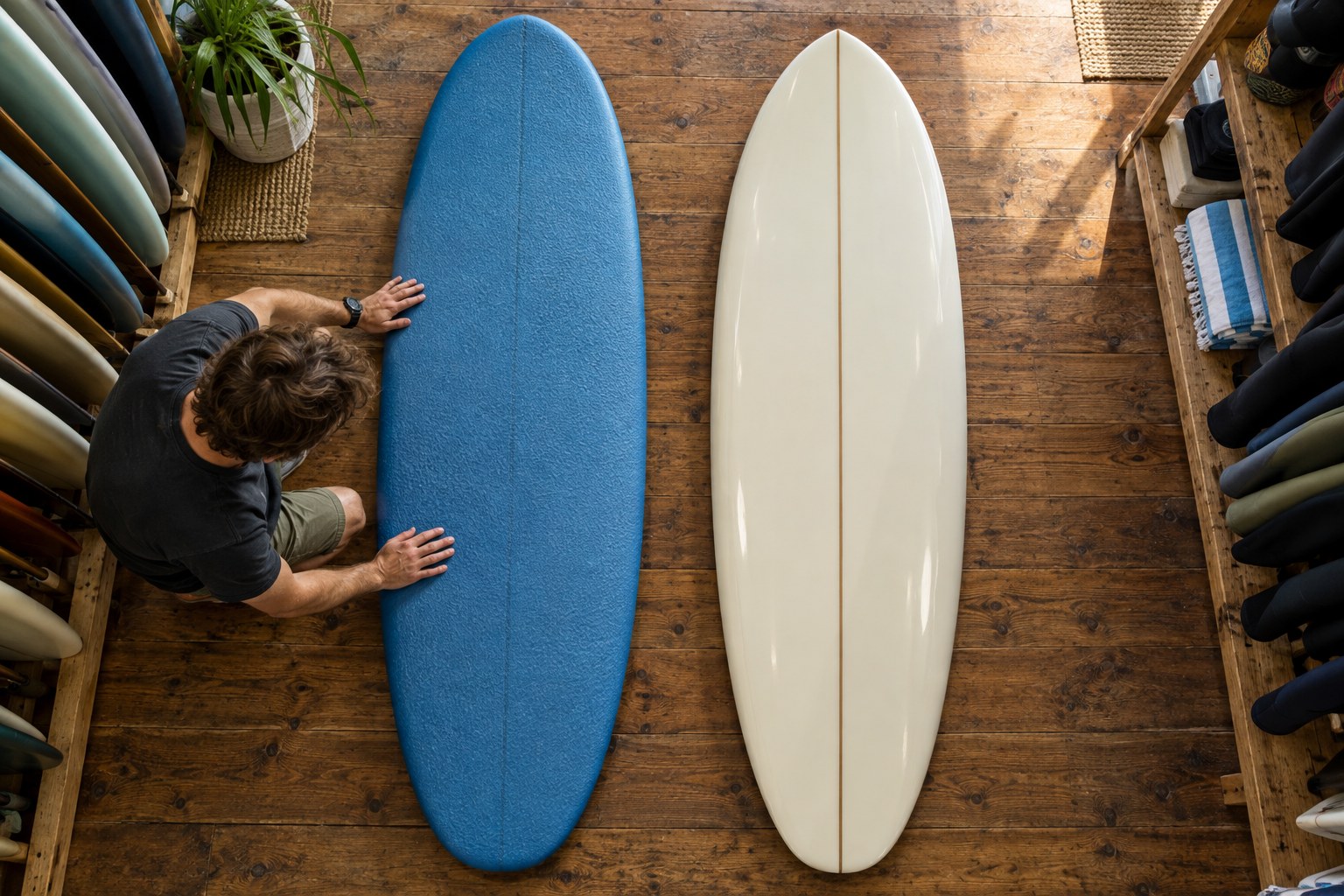 A blue soft-top and a cream hard surfboard lie side by side on a workshop floor.