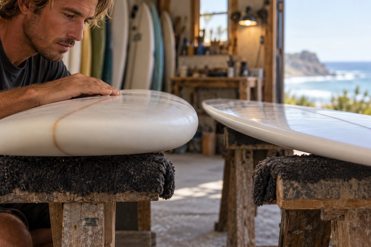 A close side view compares thicker and thinner surfboard rails.