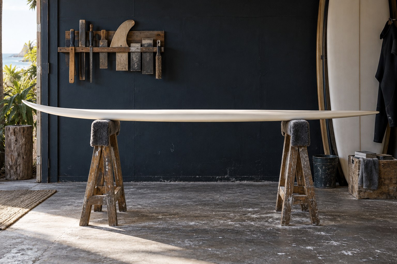 A surfboard rests side-on across padded trestles, showing its curved nose profile.