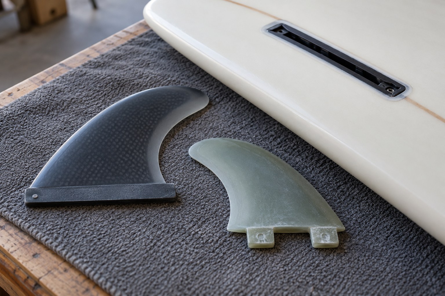 Detached fins with different base-tab arrangements lie beside an empty fin box.