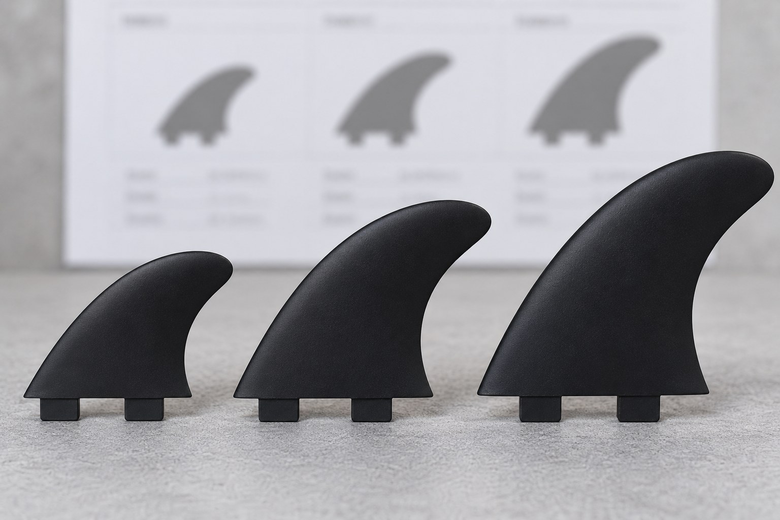 Three different-sized surf fins have matching two-tab bases beside a blurred size chart.
