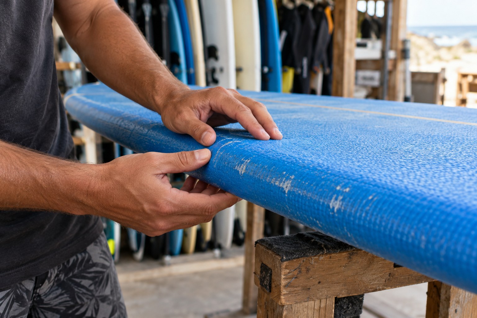 Hands inspect scuffs on the textured rail of a blue foam surfboard.