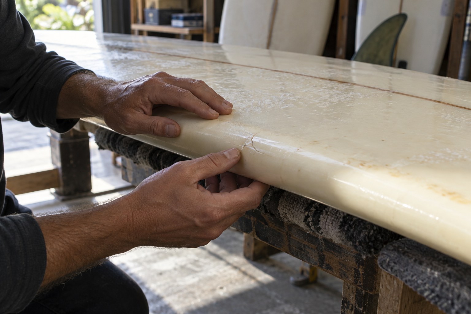 Hands examine a small crack on the rail of a used hard surfboard.