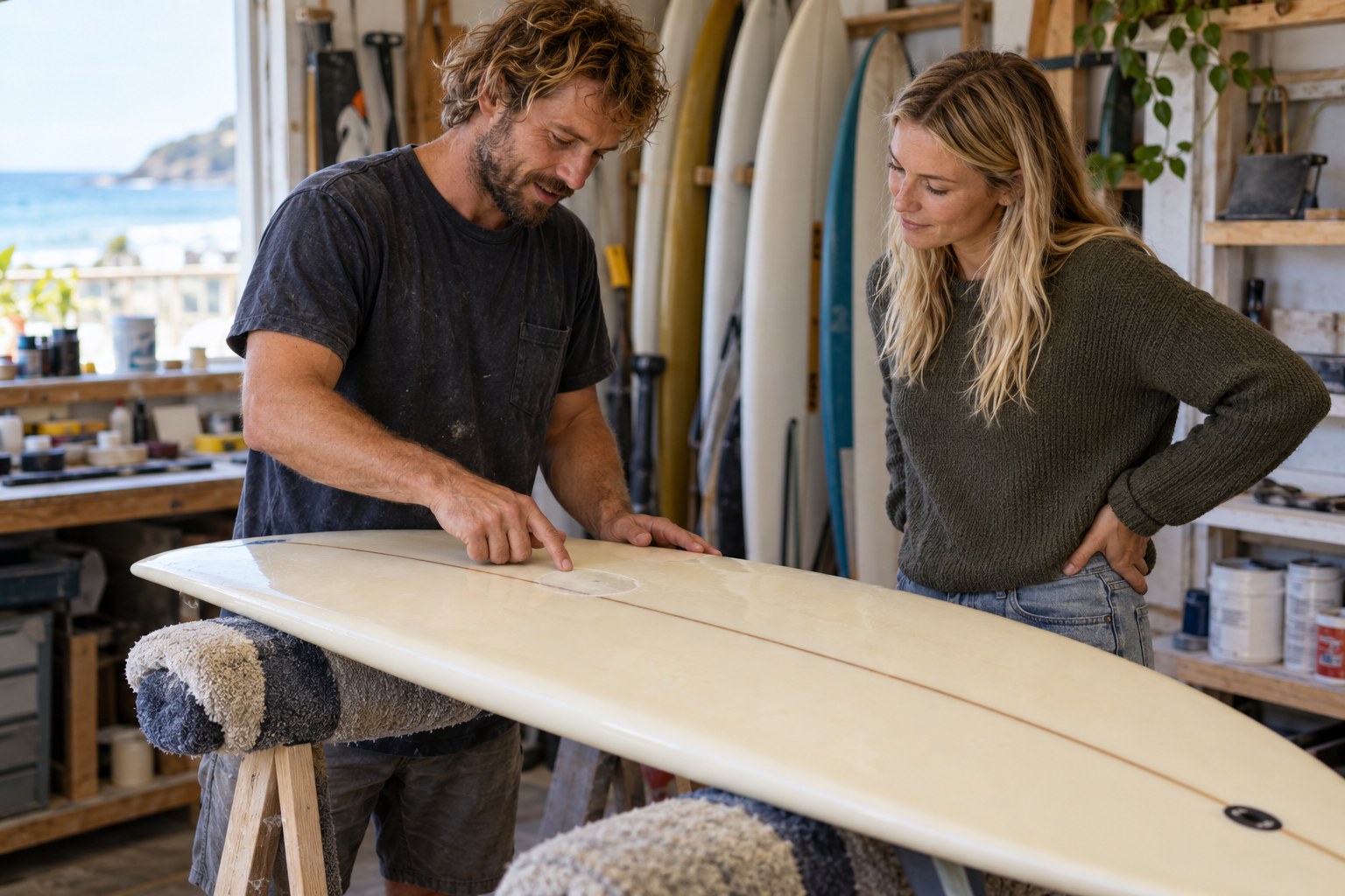 A board owner and repairer inspect a repaired area on a surfboard.