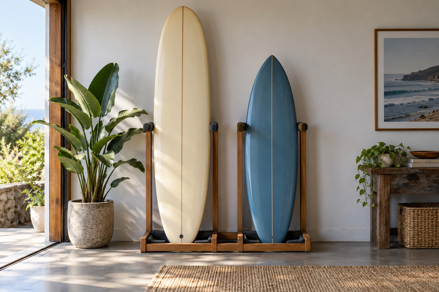 A long rounded board and a shorter board stand separately in an indoor rack.
