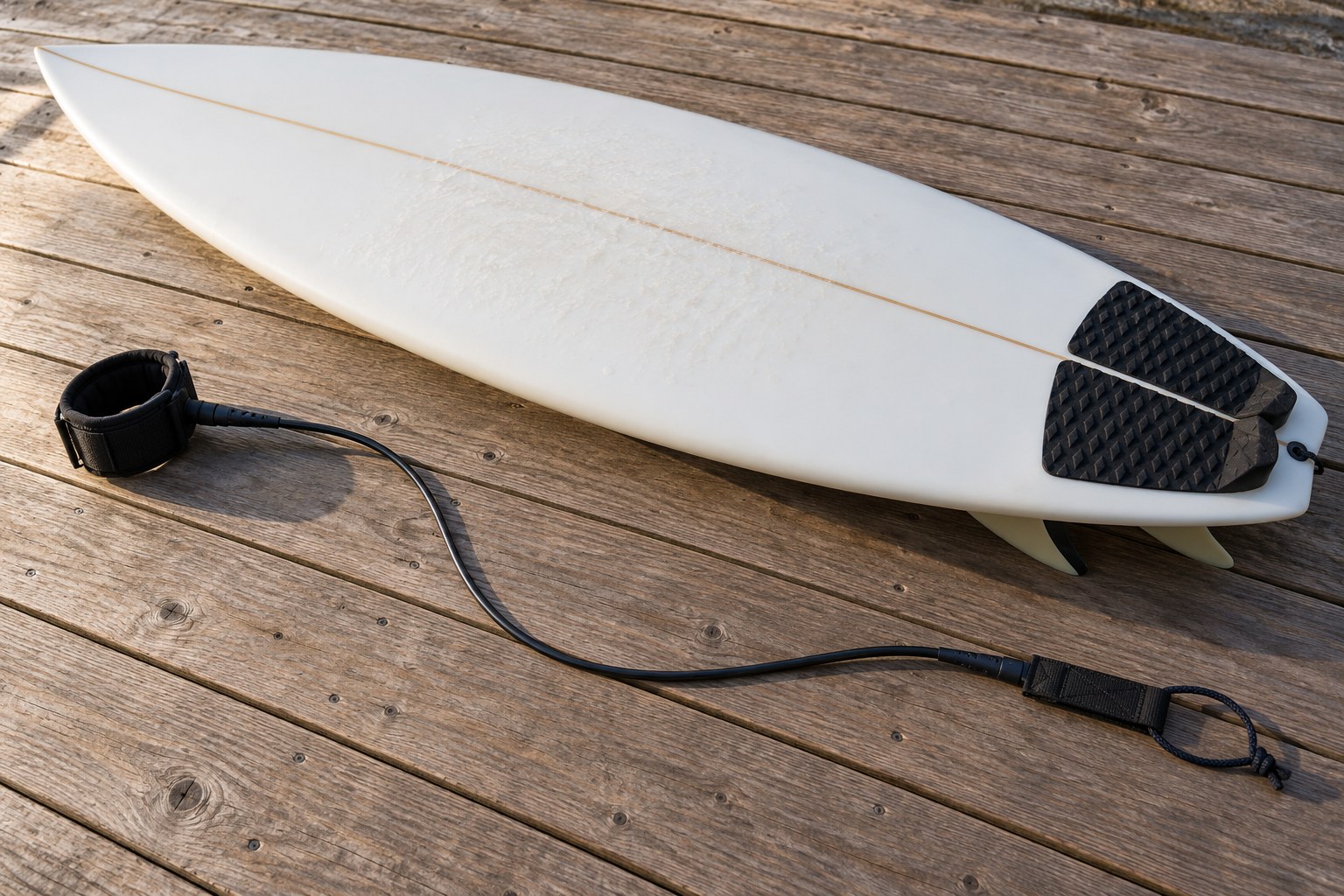 A straight surfing leash lies alongside a complete surfboard on wooden decking.