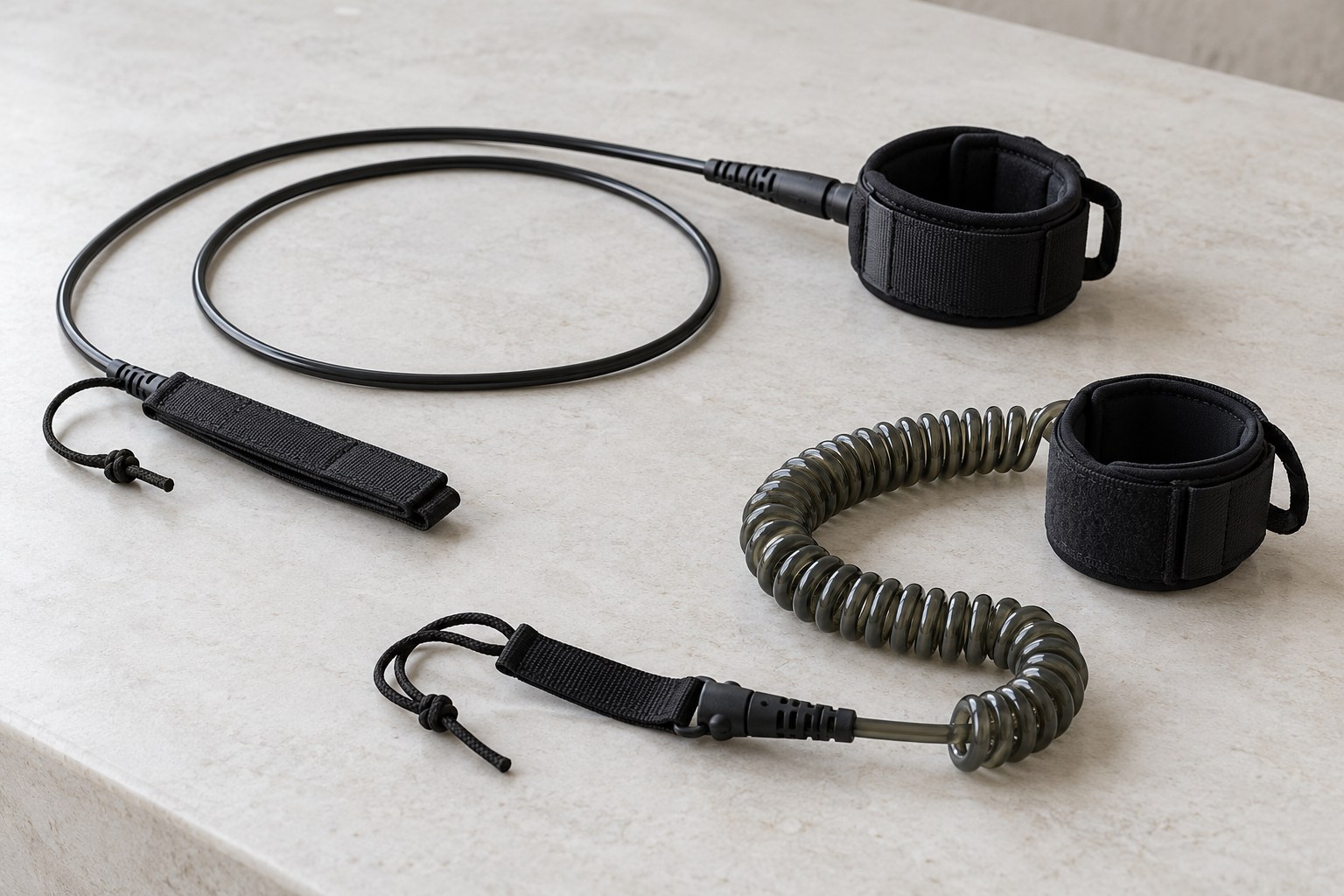 A straight leash and a coiled leash lie separately on a light tabletop.