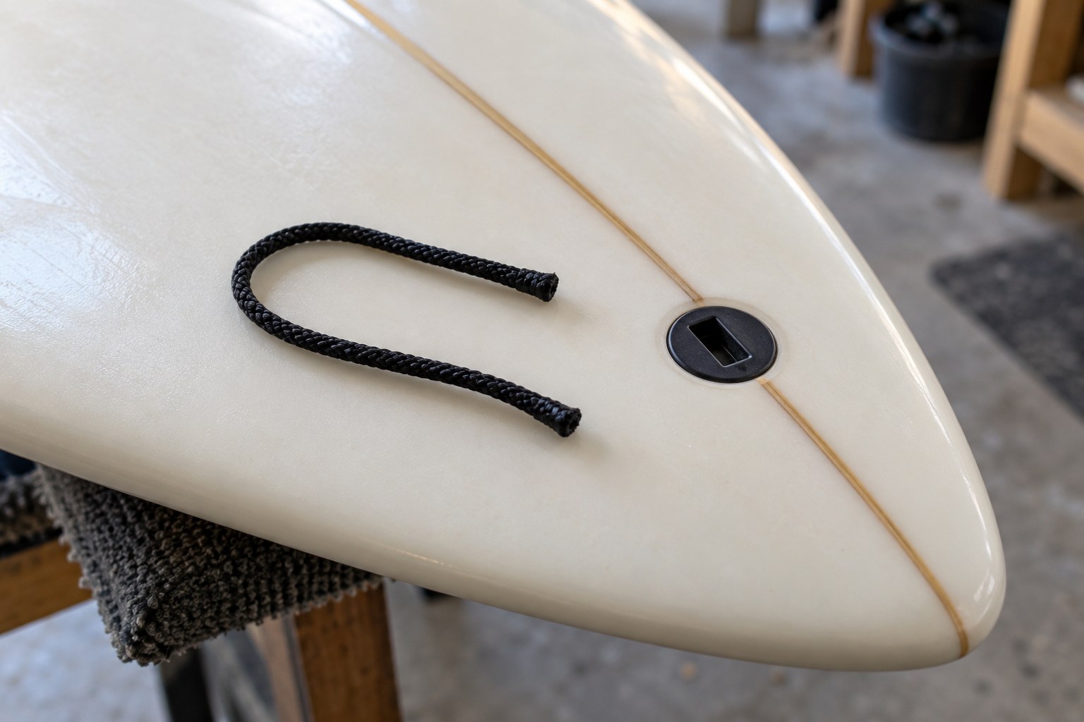 A short braided leash string lies beside a recessed surfboard leash plug.