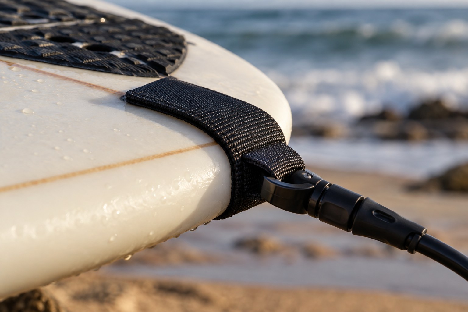 A flat webbing rail saver crosses the edge of a surfboard tail.