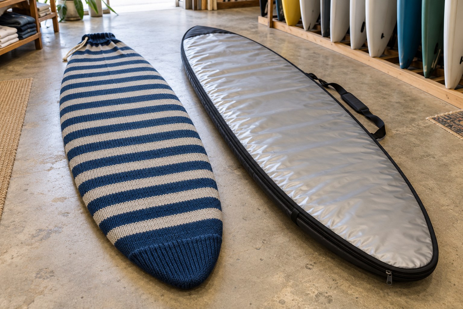 A knitted board sock and a padded day bag lie side by side on a shop floor.