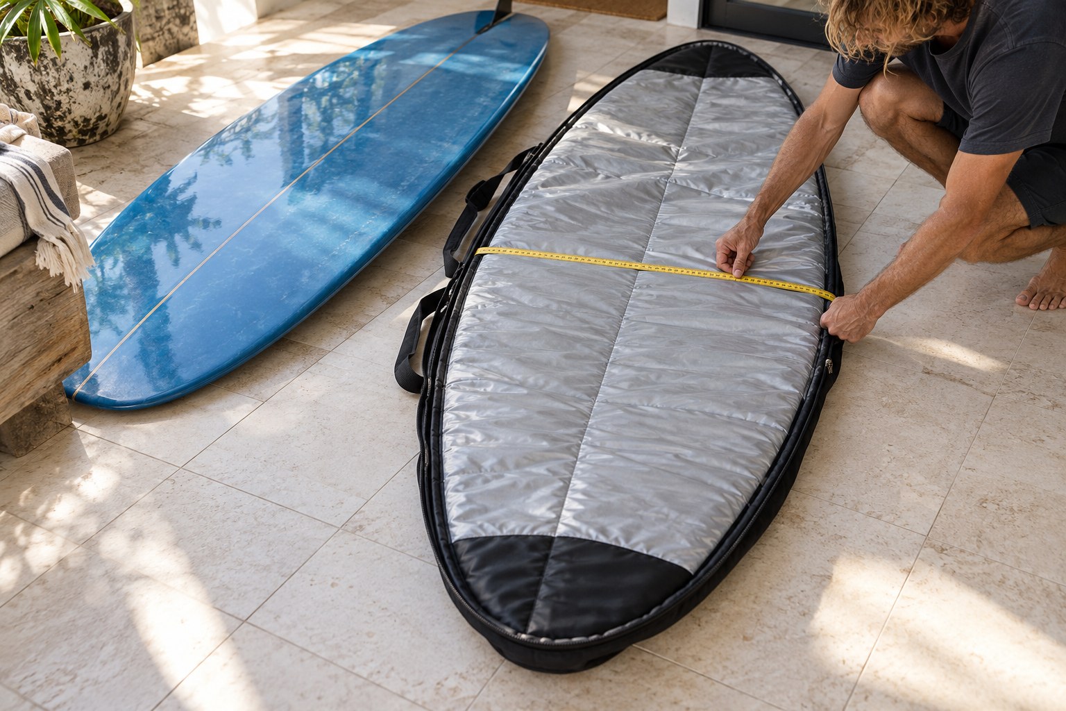 A measuring tape spans the width of an open padded board bag beside a surfboard.