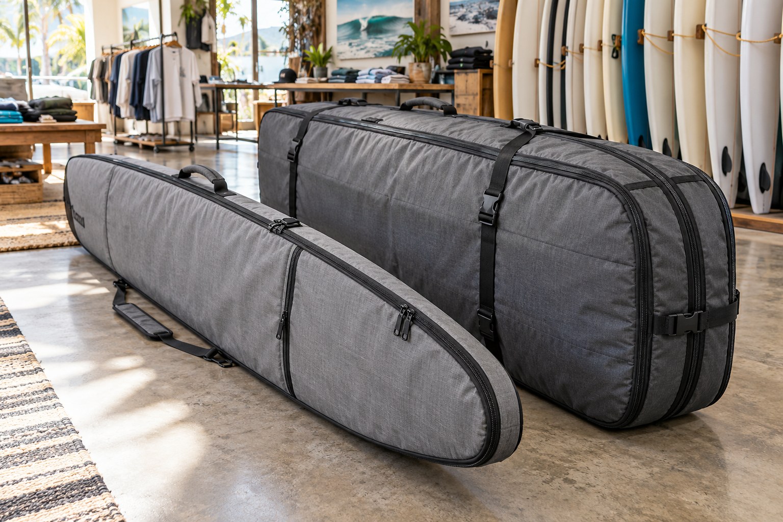 A slim single-board bag and a deeper multi-board travel bag stand side by side.