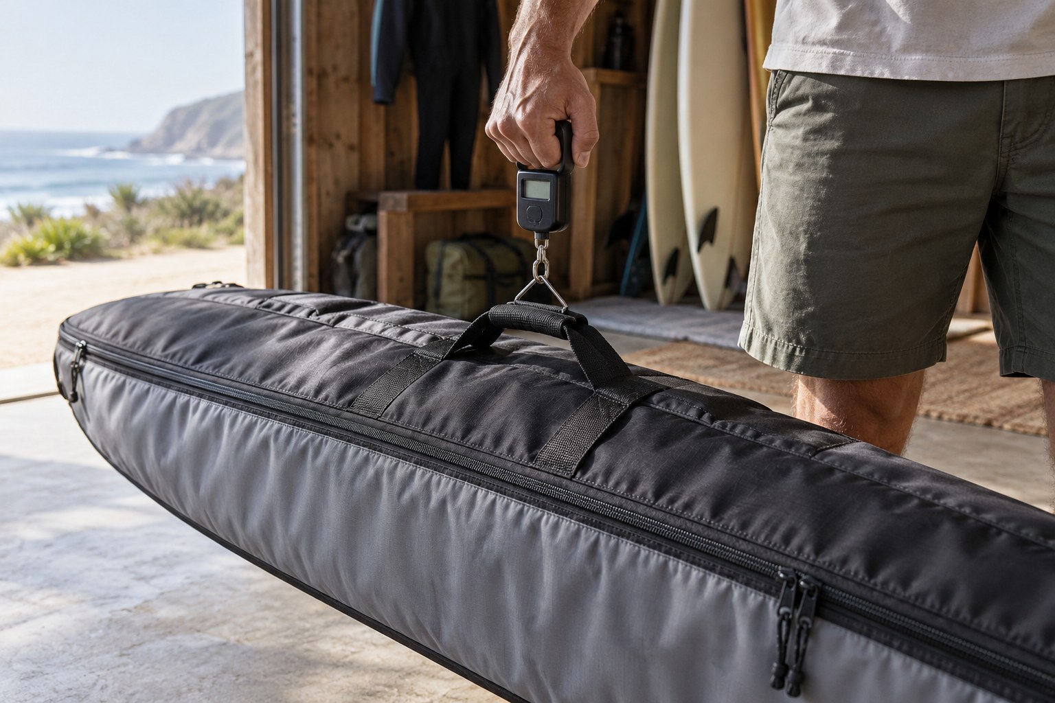 A hand-held luggage scale lifts a padded surfboard bag by its handle.