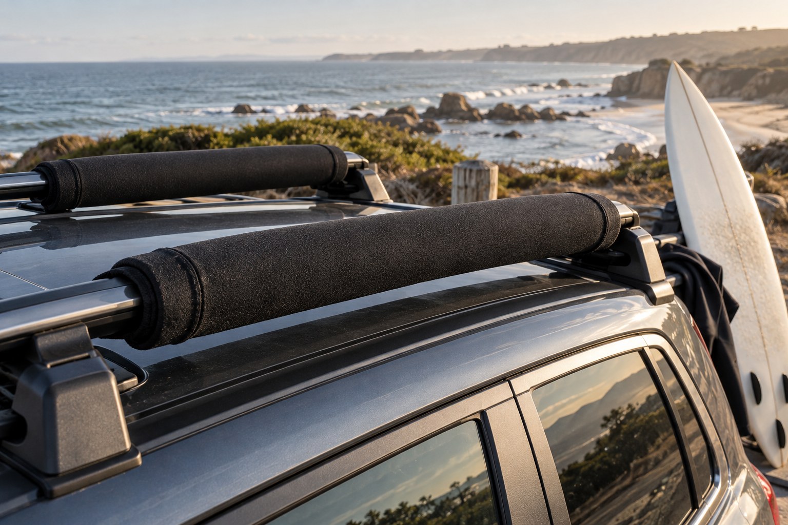 Thick protective foam pads cover two metal vehicle roof-rack crossbars.