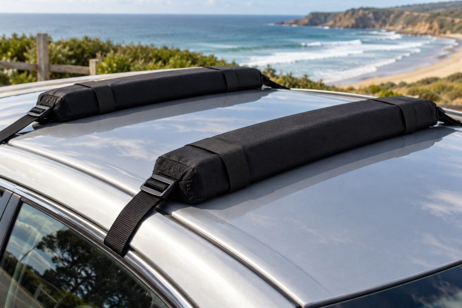 Soft foam roof-rack pads and straps sit on a parked car roof.