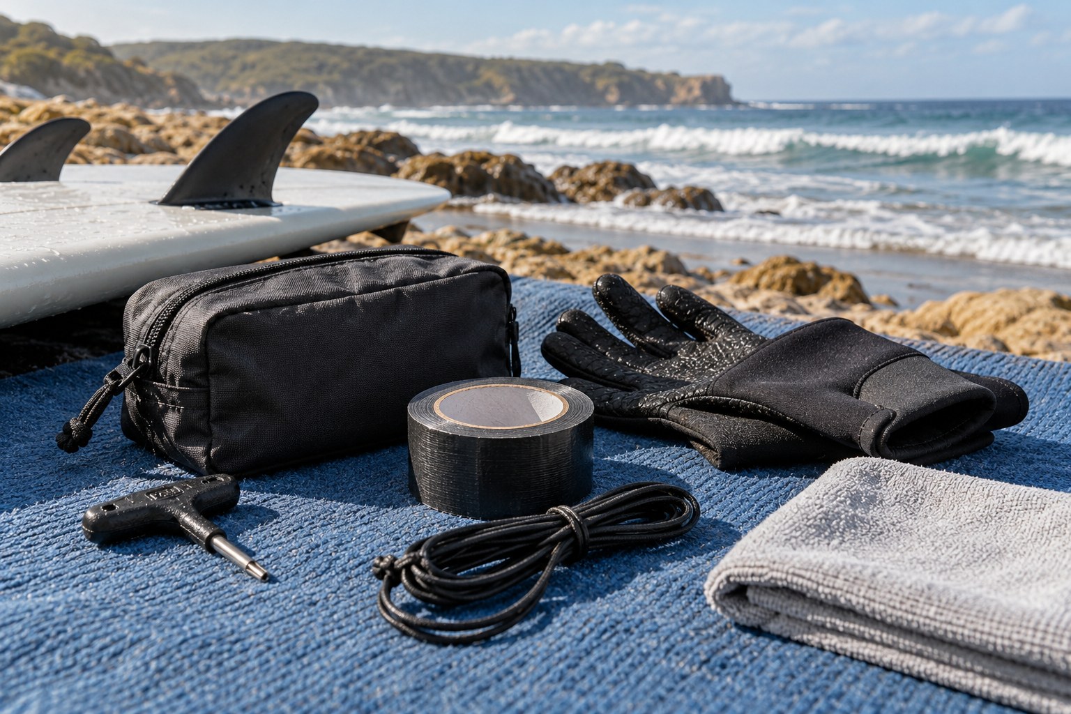 A compact surf equipment kit includes fin keys, spare string, tape, gloves and a cloth.