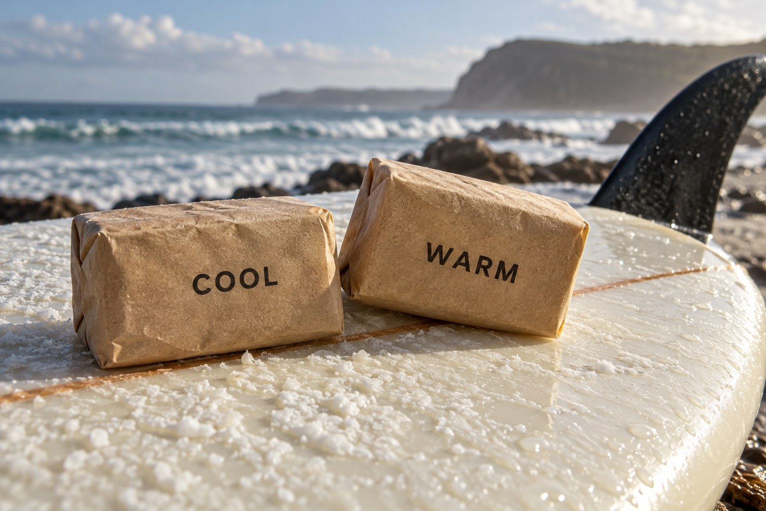 Two illustrative wax wrappers marked COOL and WARM sit on a board.