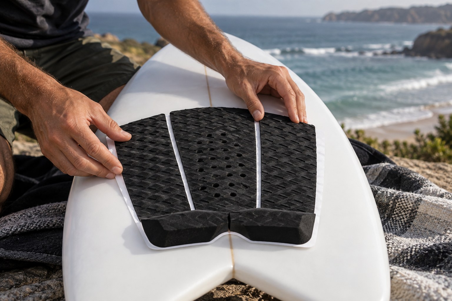 Hands check the position of a three-piece traction pad on a board tail.