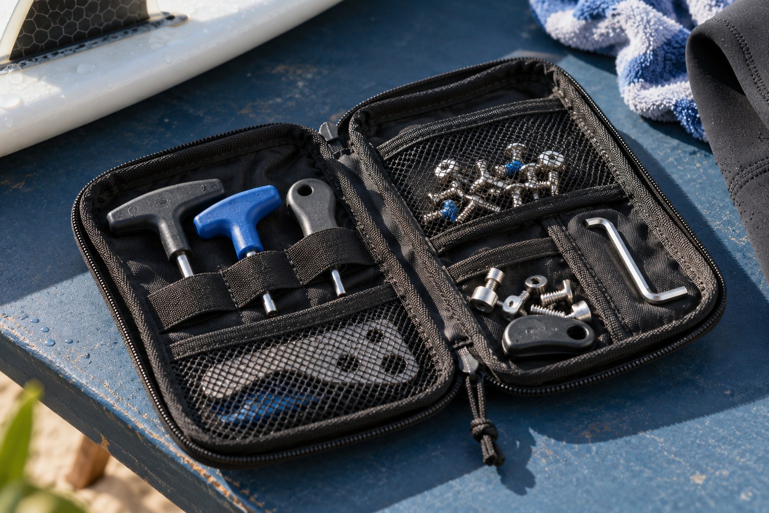 Fin keys and spare screws are organised inside a small zippered tool pouch.