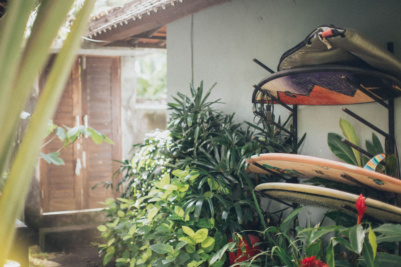 Several surfboards rest horizontally on a rack beside a sheltered garden wall.