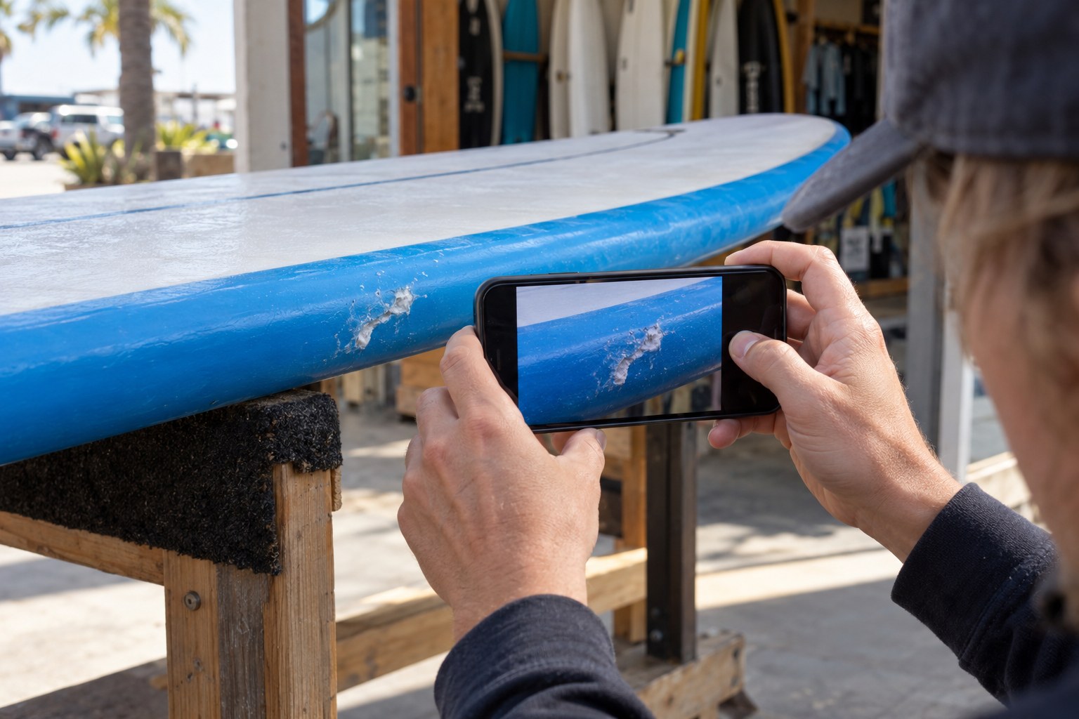 A phone photographs an existing scuff on the rail of a blue rental board.