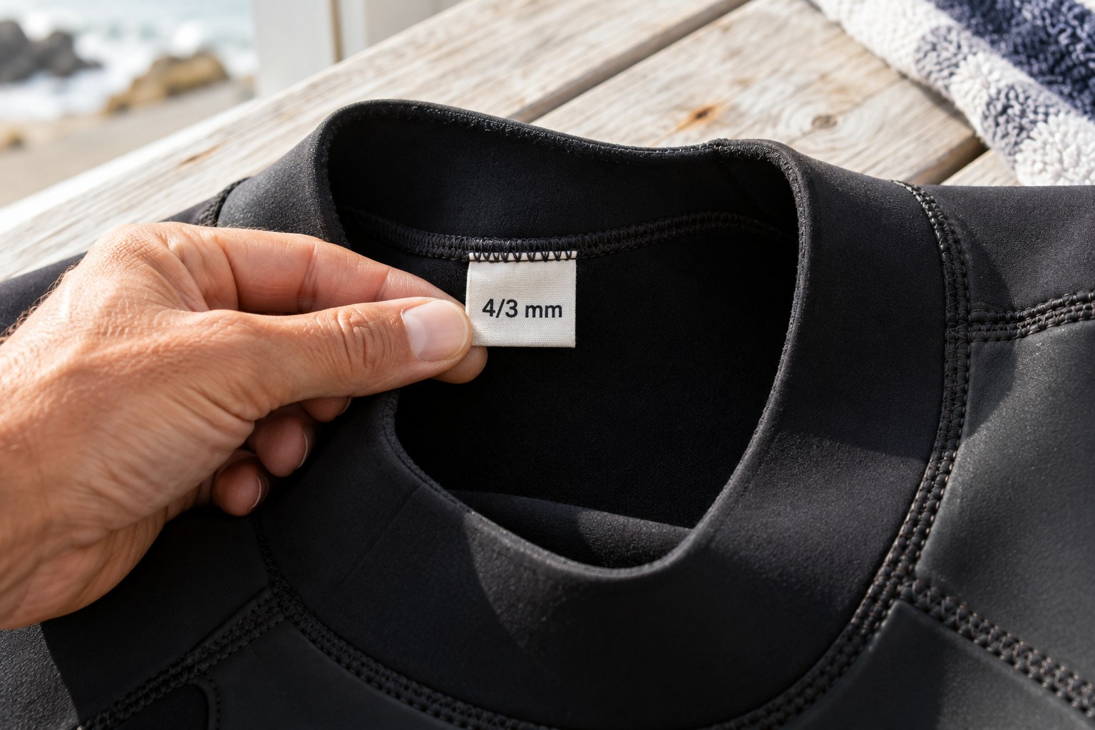A hand holds an illustrative 4/3 mm thickness label inside a black neoprene wetsuit.