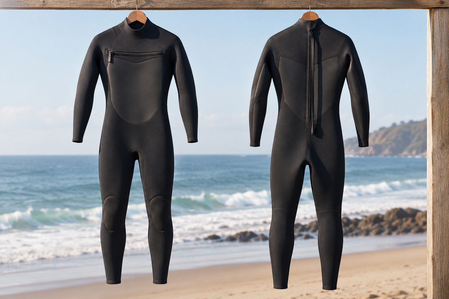 Two full wetsuits show contrasting chest-zip and back-zip entry arrangements.