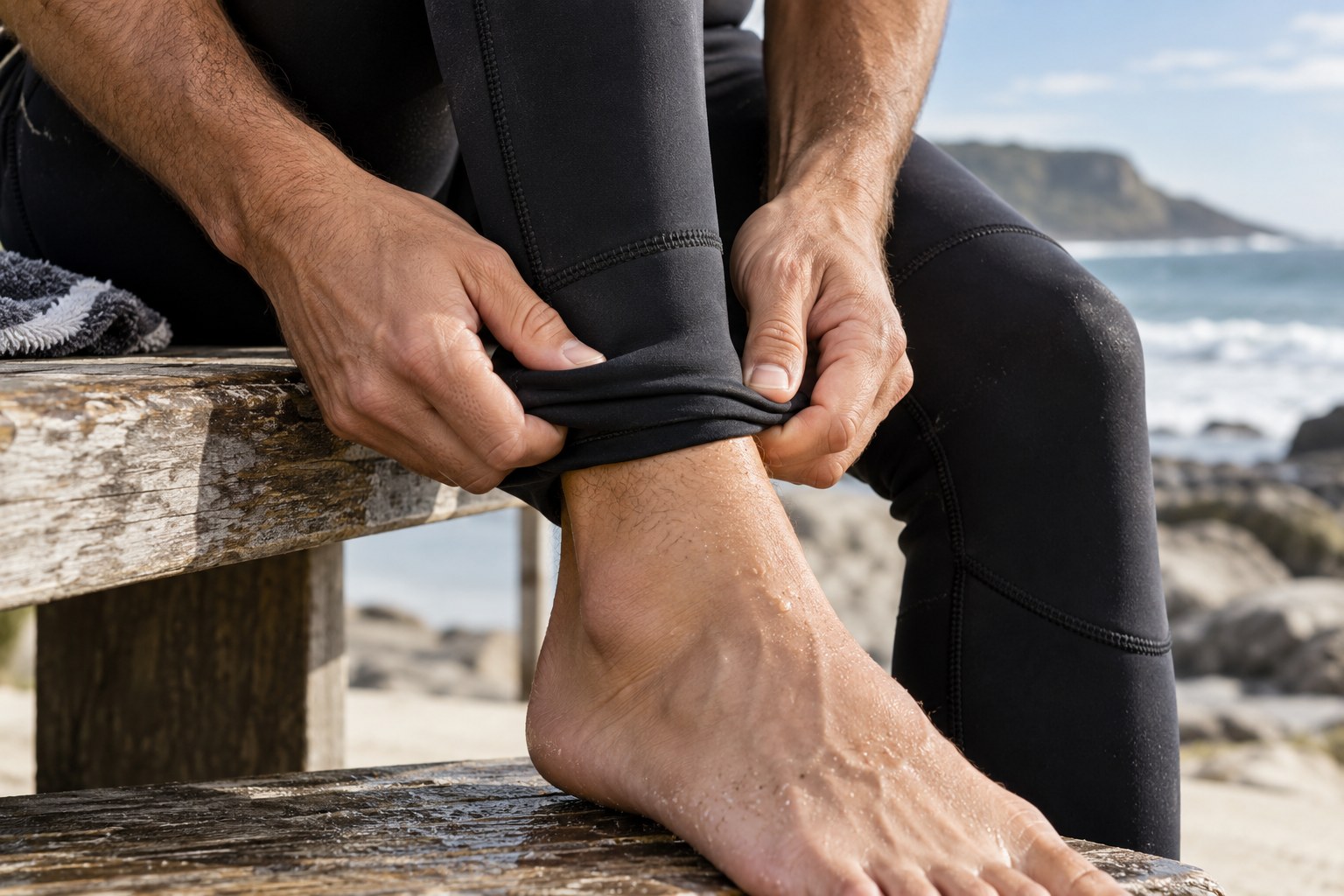 An adult eases a wetsuit leg over an ankle while seated on a bench.