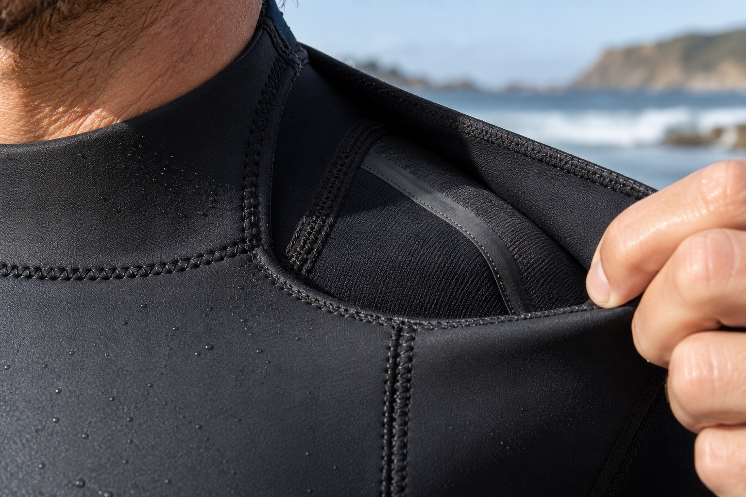 A close view shows stitched neoprene panels and an inner wetsuit seam.