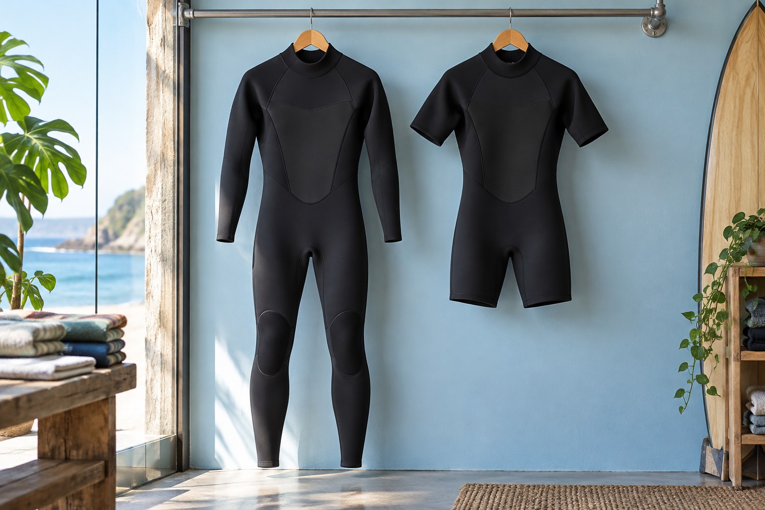 A full wetsuit and short-leg spring suit hang next to each other.