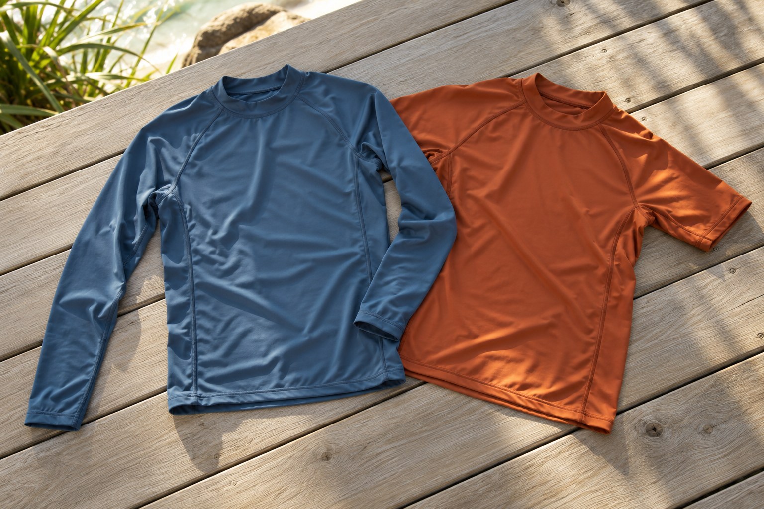 A blue long-sleeve rash top and orange short-sleeve top lie flat on decking.