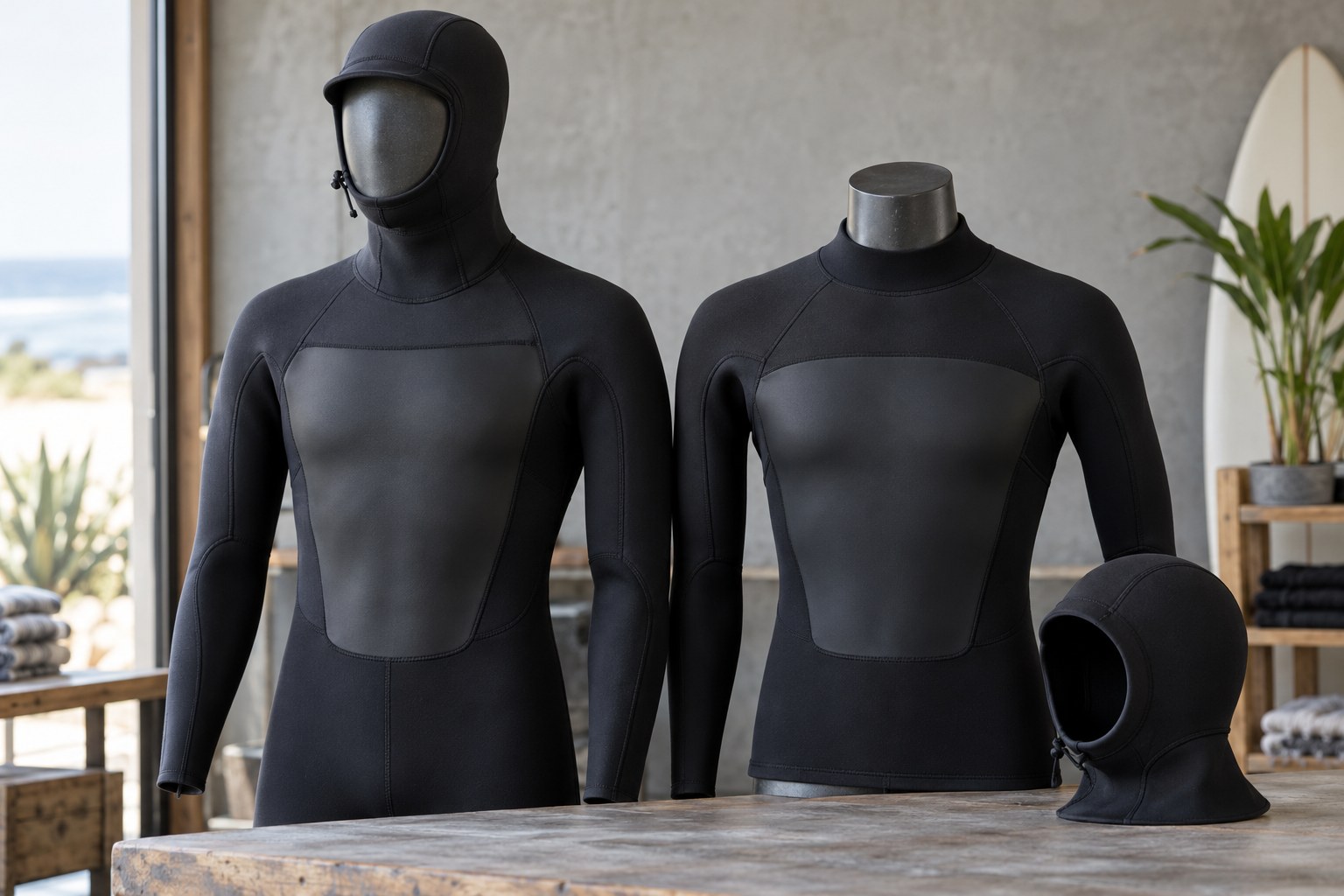 An integrated-hood wetsuit and a separate neoprene hood are displayed beside a hoodless suit.