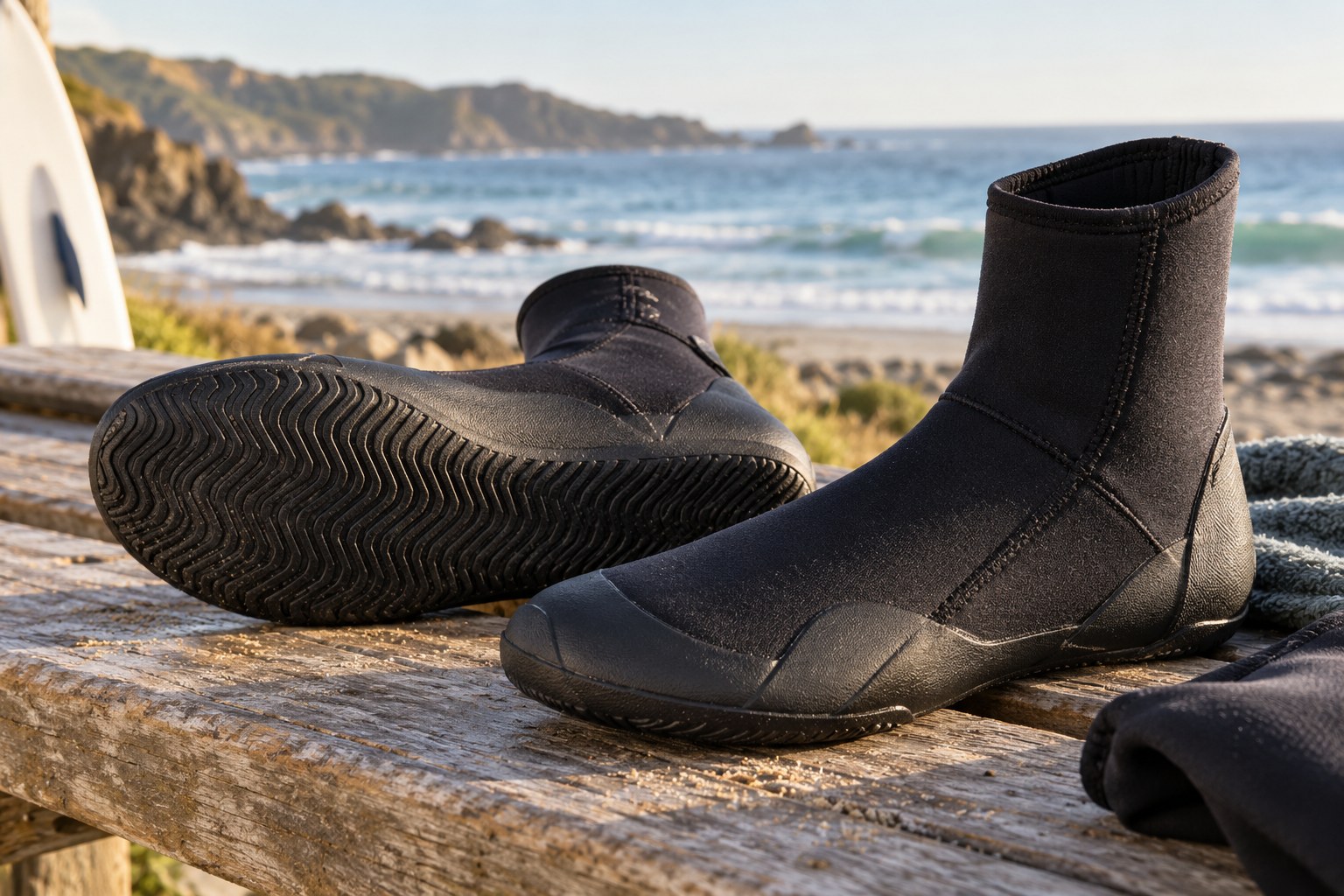 Neoprene surf boots show their ankle openings and flexible rubber sole.