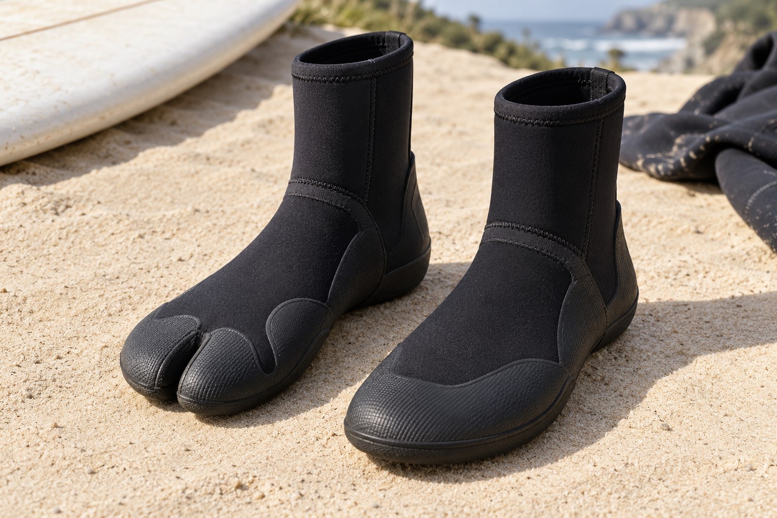 Split-toe and round-toe neoprene surf boots stand beside one another.