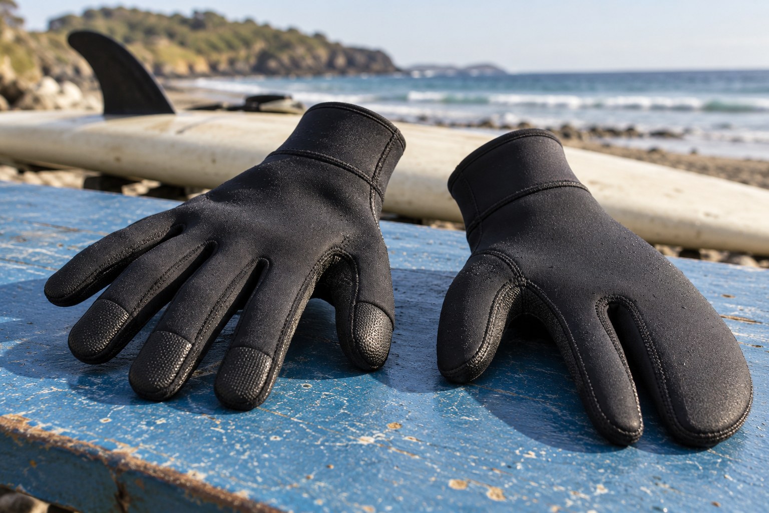 A five-finger surf glove and divided surf mitt show contrasting finger arrangements.