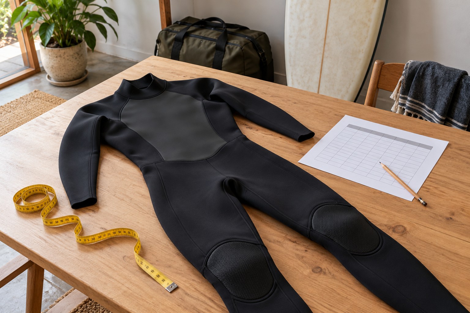 A wetsuit lies beside a tape measure and an indistinct size chart.