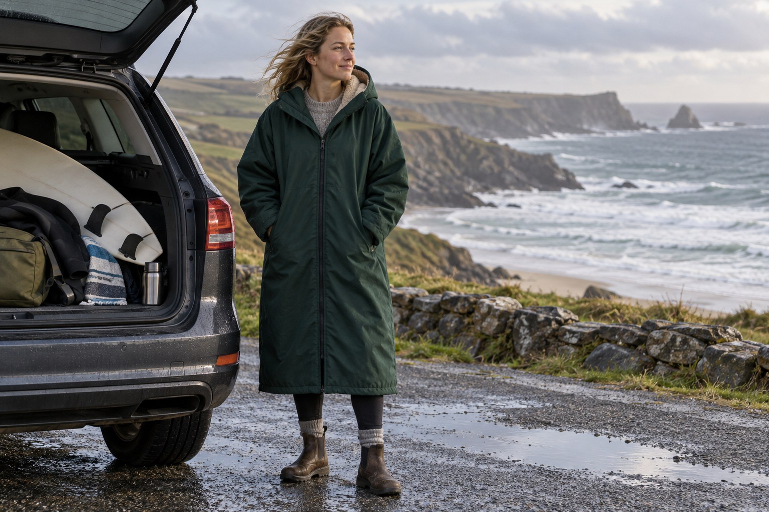 An adult wears a roomy weatherproof changing robe beside a car near the coast.