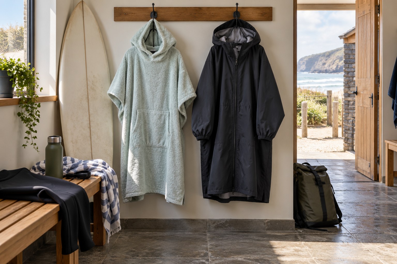 A towelling poncho and weatherproof changing robe hang next to each other.