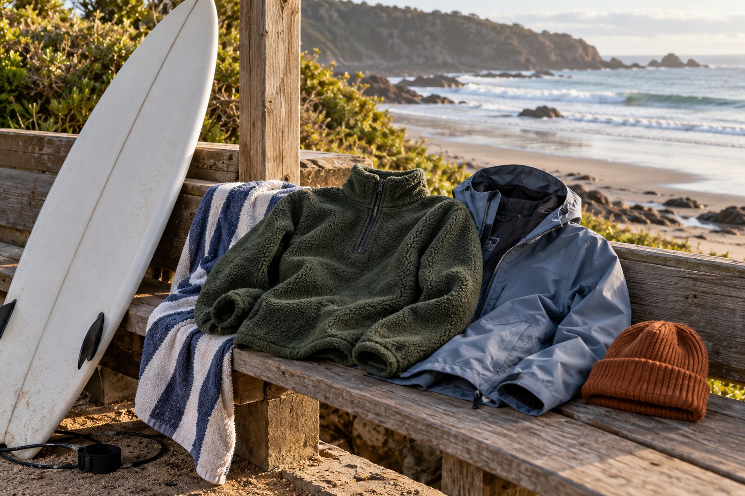 A fleece, shell jacket and beanie lie ready beside a surfboard and towel.