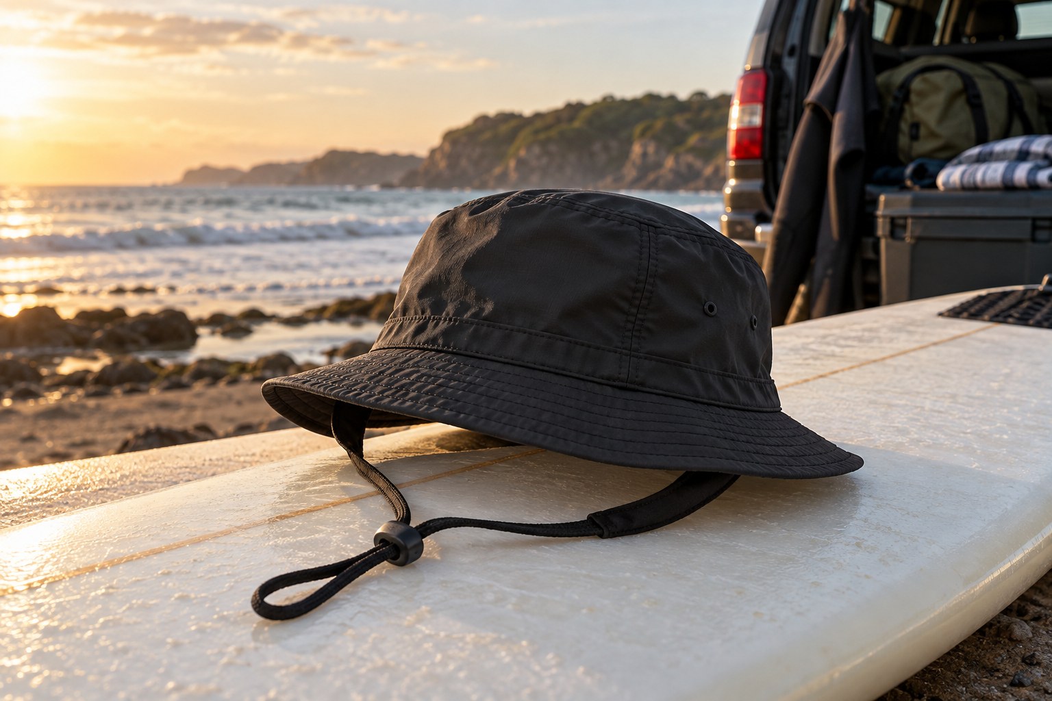A narrow-brimmed surf hat with a chin strap rests on a board.