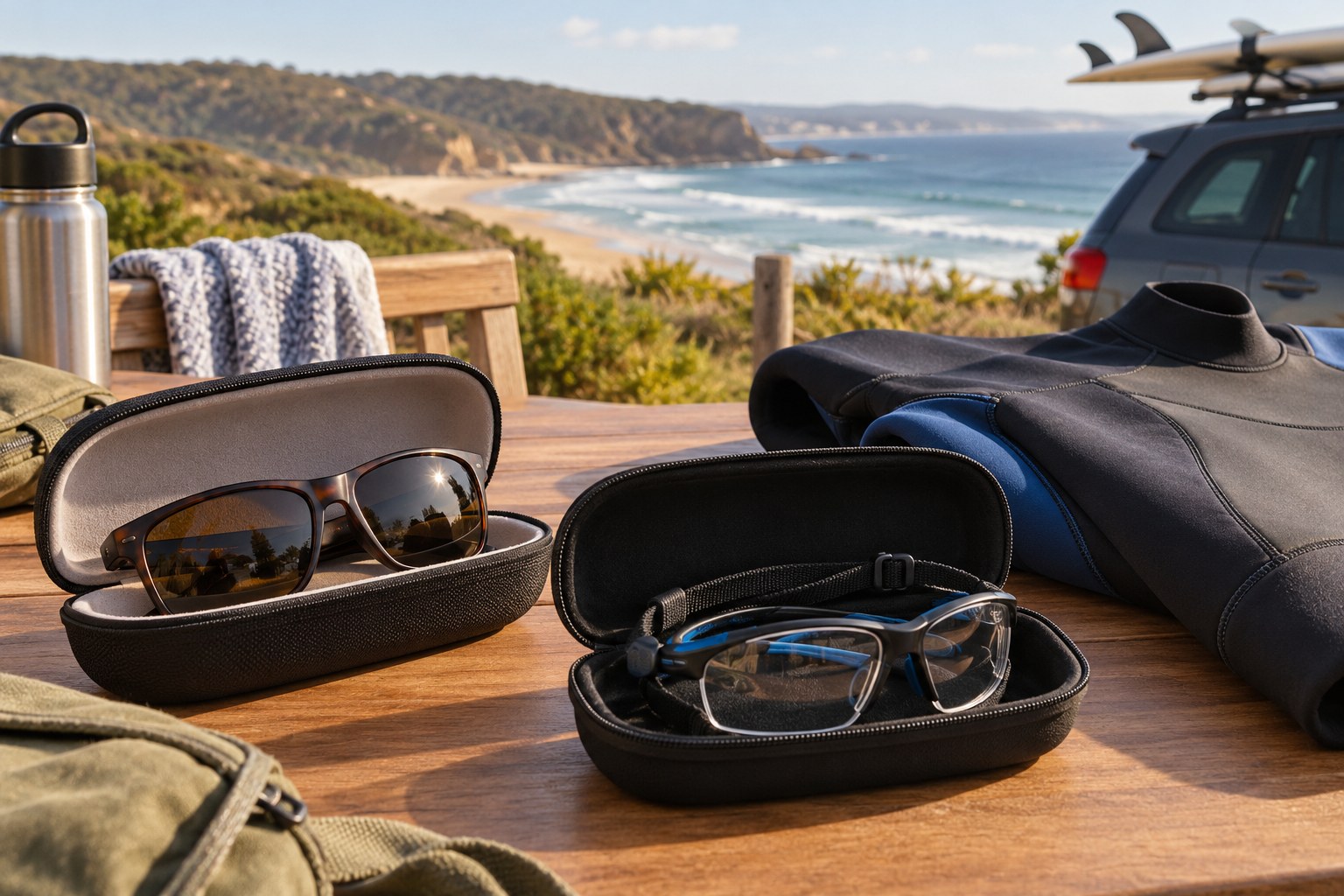 Sunglasses and separate sports eyewear rest in protective cases beside a wetsuit.